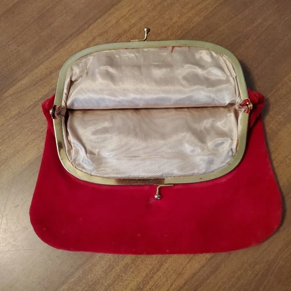 Red Velvet Evening Folding Clutch Hand Bag Purse Vintage Gold Tone Hardware